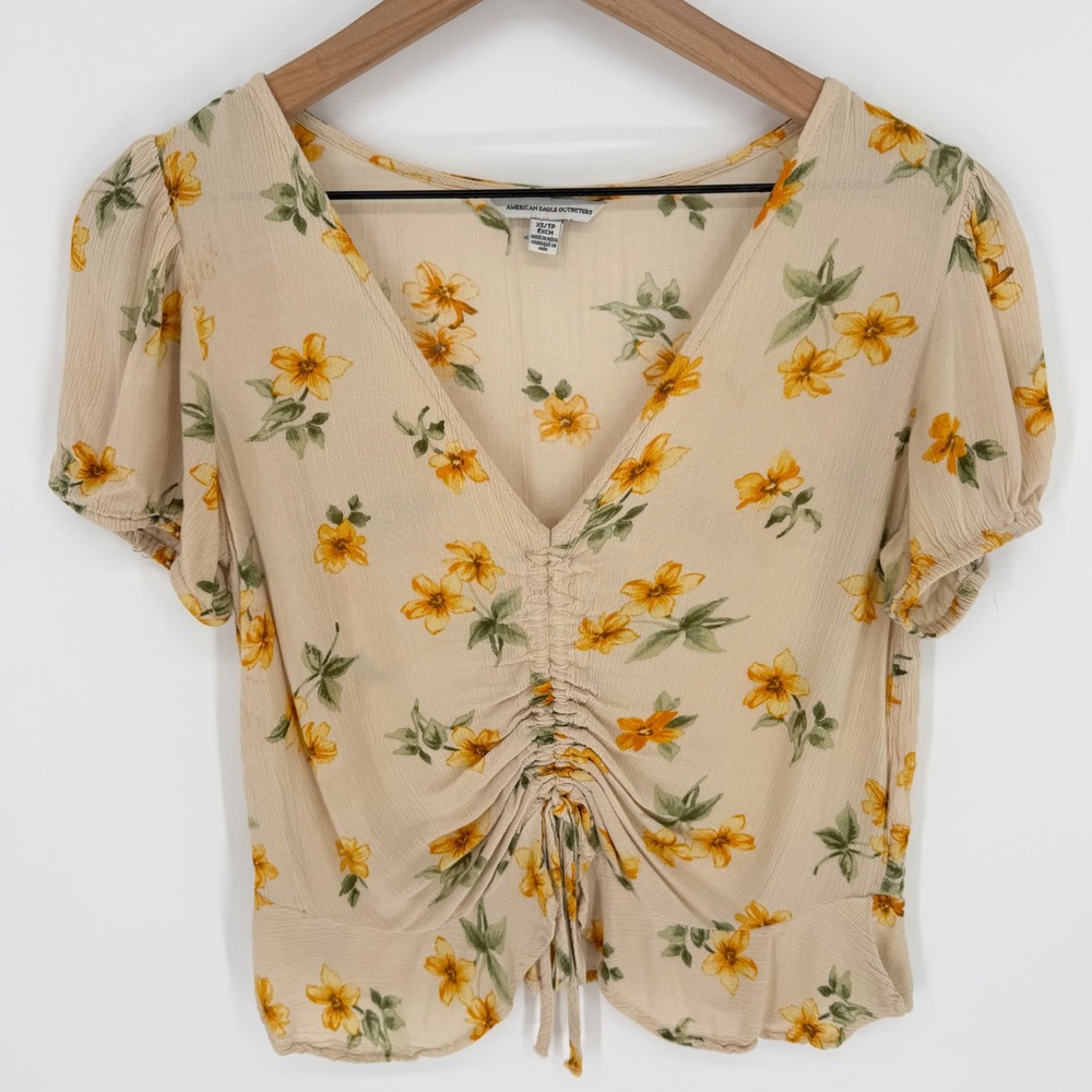 AE Crop Top Blouse XS Cinch‎ Front Ditsy Floral Yellow Boho Romantic Coquette
